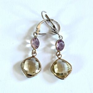 Silver Drop Earrings with Purple and Champagne Gemstones